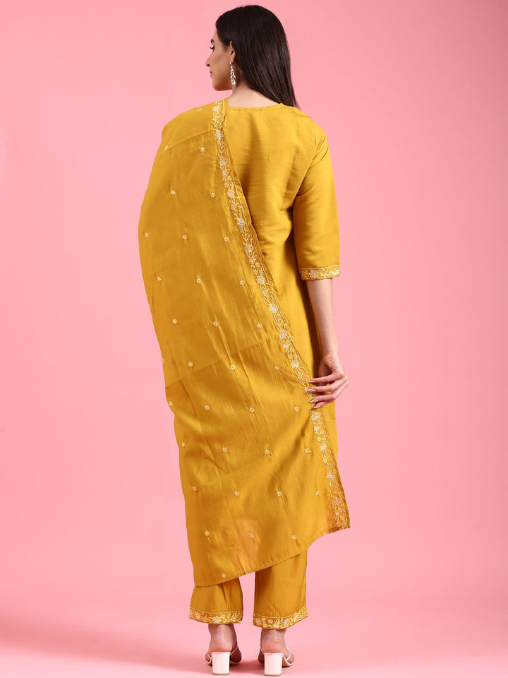 Mustard Modal Silk Embroidery Three Piece Suit Set