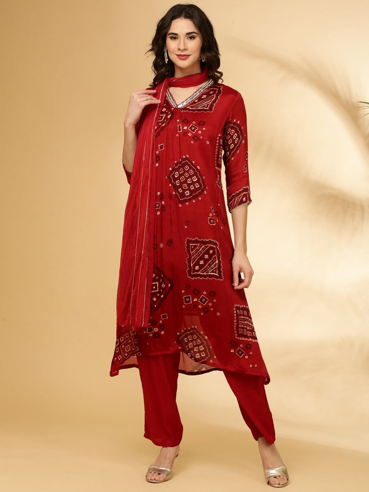 Neerus Orange Chinon Printed Suit Set - front view