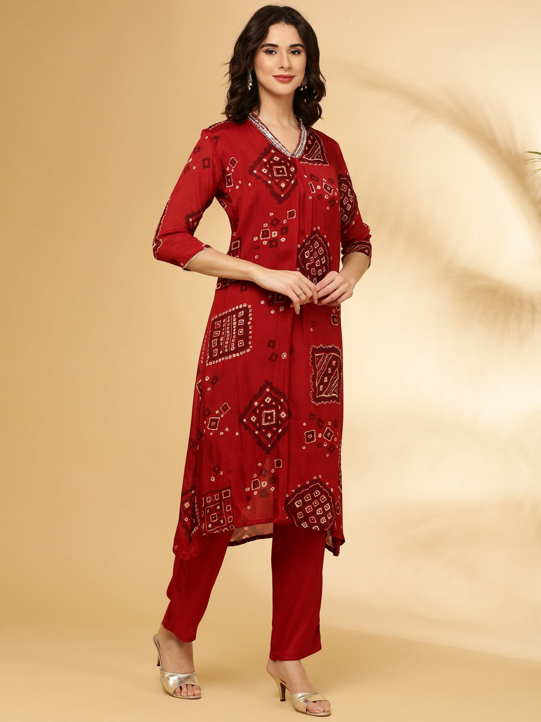 Neerus Orange Chinon Printed Suit Set - back view