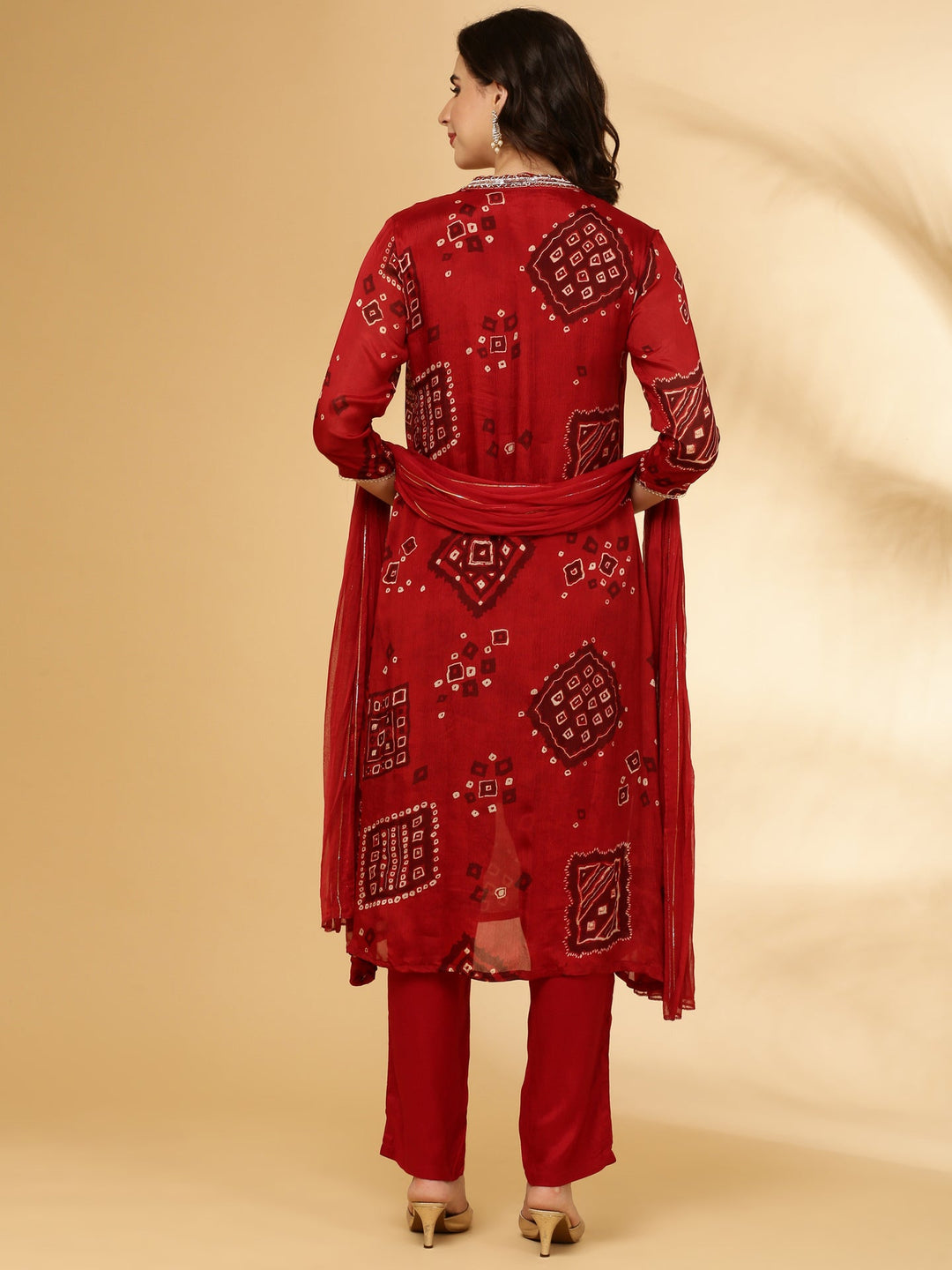 Neerus Orange Chinon Printed Suit Set - side view