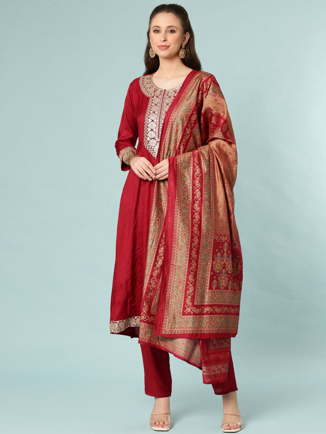 Neerus Maroon Silk Suit Set - front view