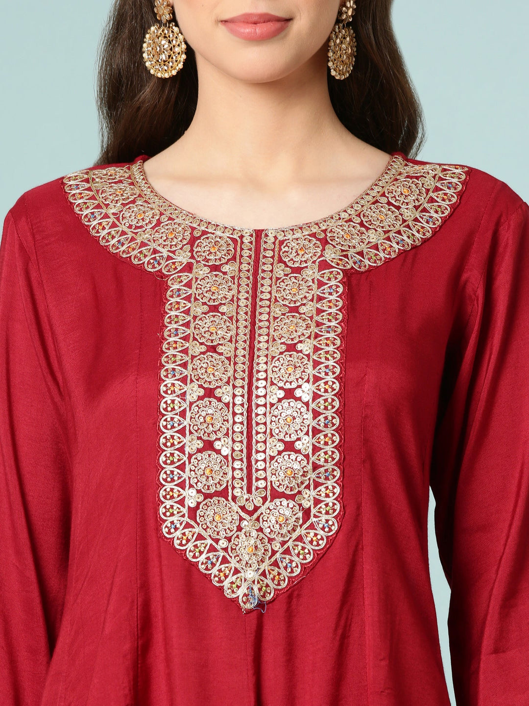 Neerus Maroon Silk Suit Set - detail view 1