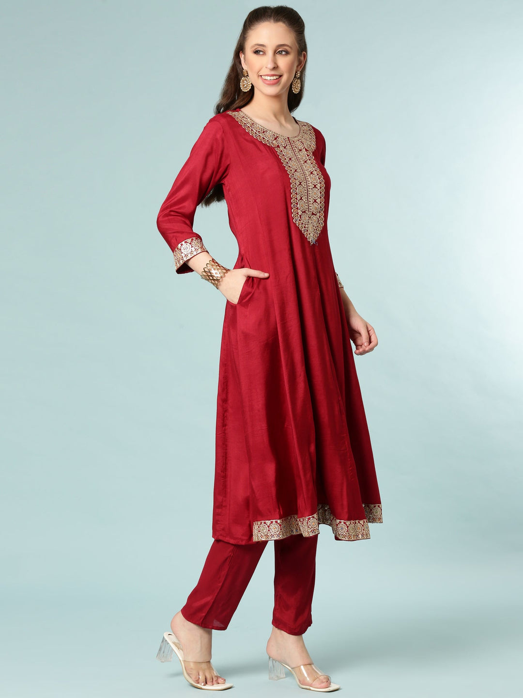 Neerus Maroon Silk Suit Set - back view
