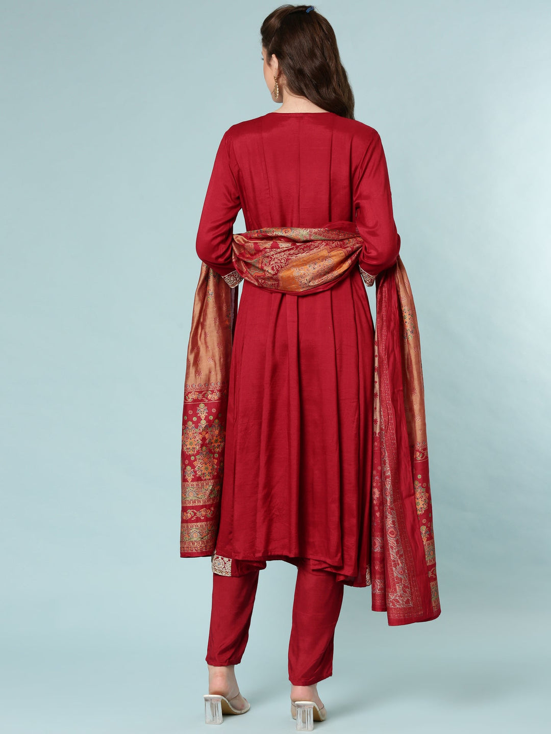 Neerus Maroon Silk Suit Set - side view