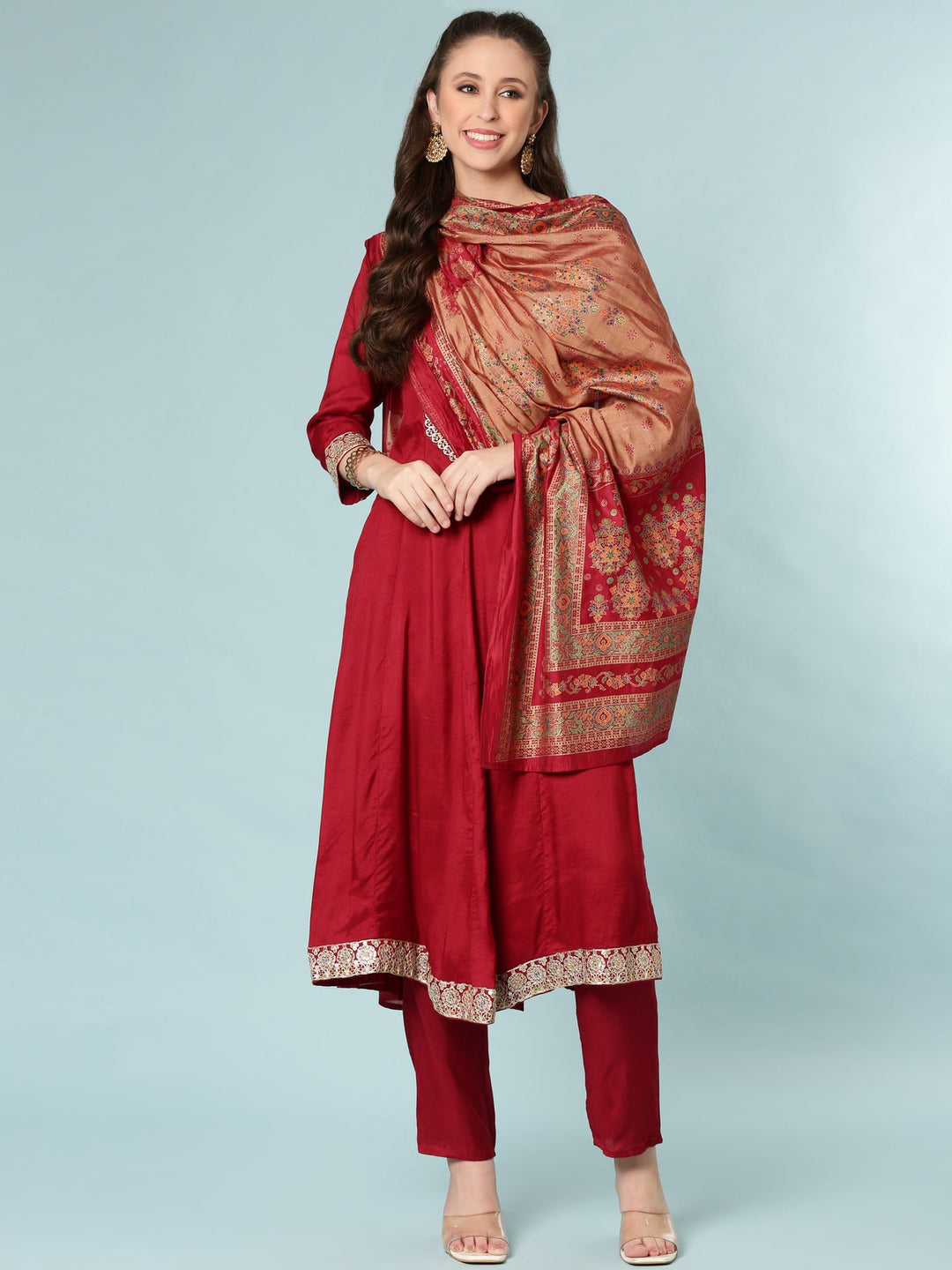 Neerus Maroon Silk Suit Set - detail view 2