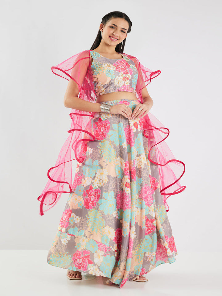 Neerus Green silk embellished lehenga set - front view