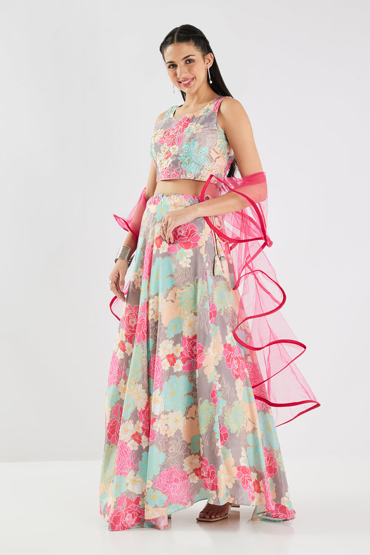 Neerus Green silk embellished lehenga set - side view