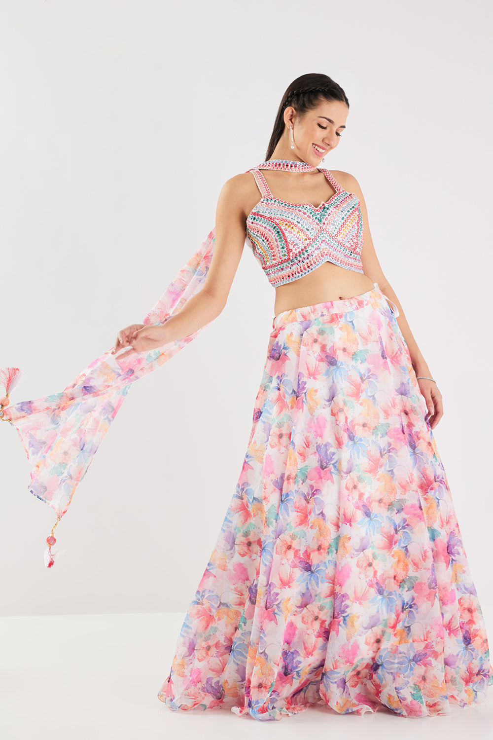 Neerus Beige crepe embellished lehenga set - back view