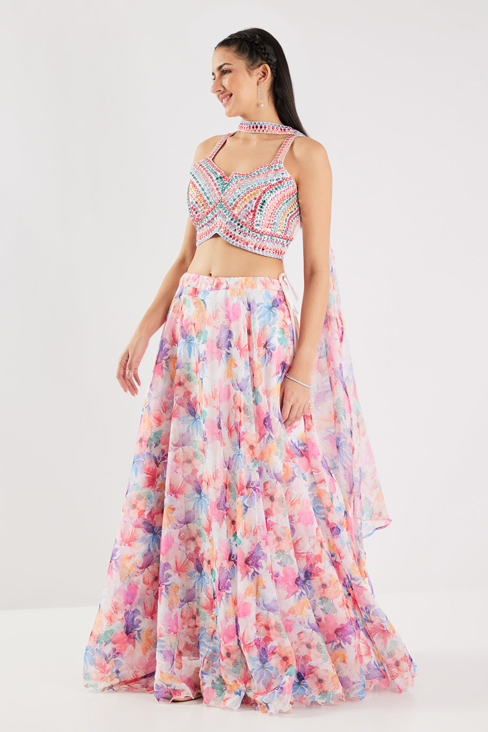Neerus Beige crepe embellished lehenga set - side view