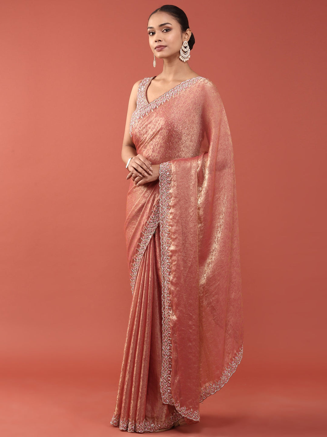 Neerus Pink Jacquard Embroidered Saree with Blouse - detail view 1