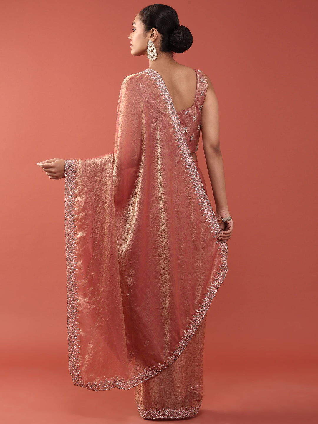 Neerus Pink Jacquard Embroidered Saree with Blouse - back view