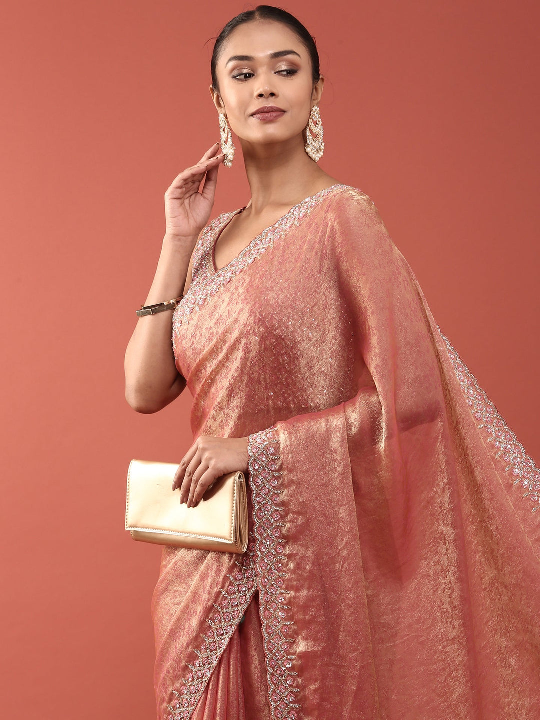 Neerus Pink Jacquard Embroidered Saree with Blouse - side view
