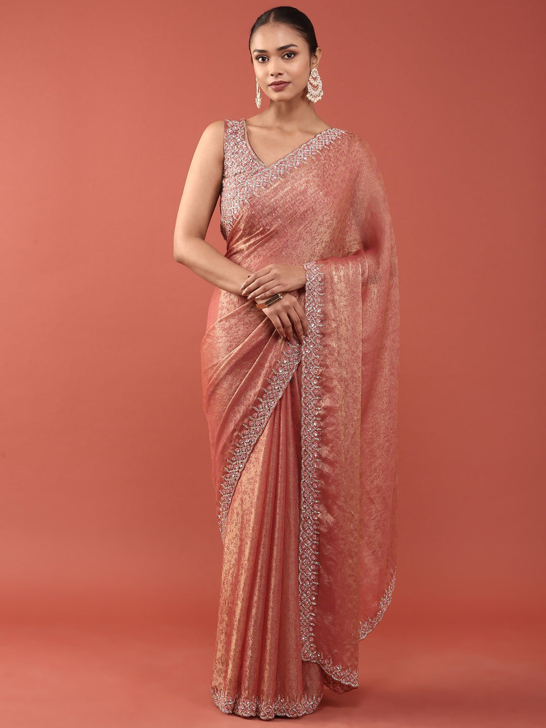 Neerus Pink Jacquard Embroidered Saree with Blouse - front view