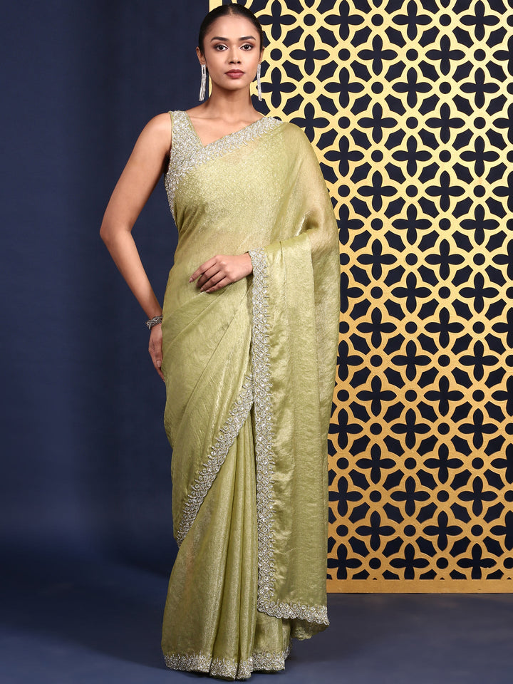 Pista Green Jacquard Embroidery Saree With Readymade Blouse