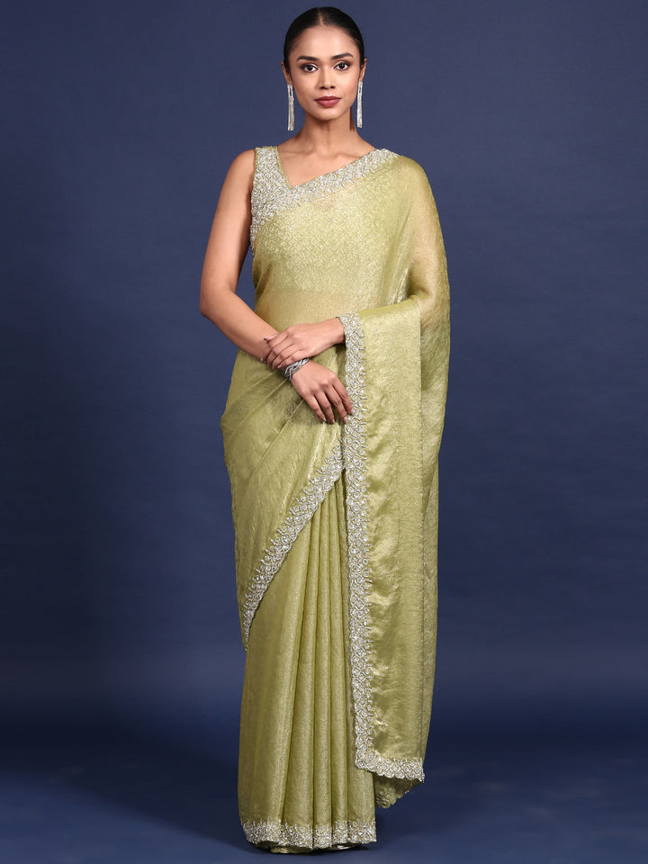 Neerus Green Jacquard Embroidered Saree with Blouse - front view