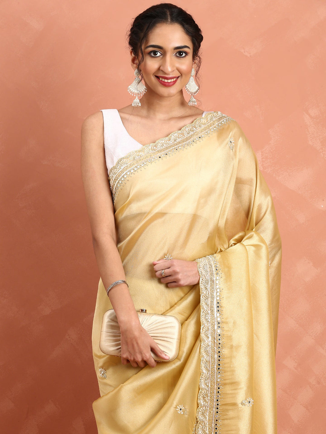 Neerus Yellow tissue embellished saree with mirror work - front view
