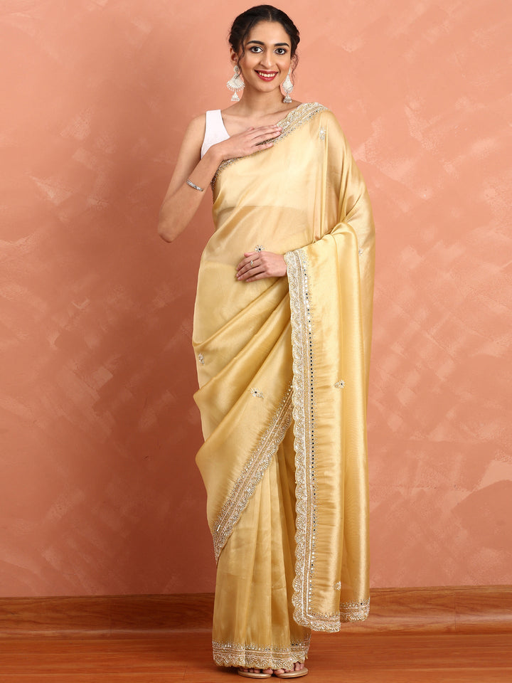 Neerus Yellow tissue embellished saree with mirror work - back view