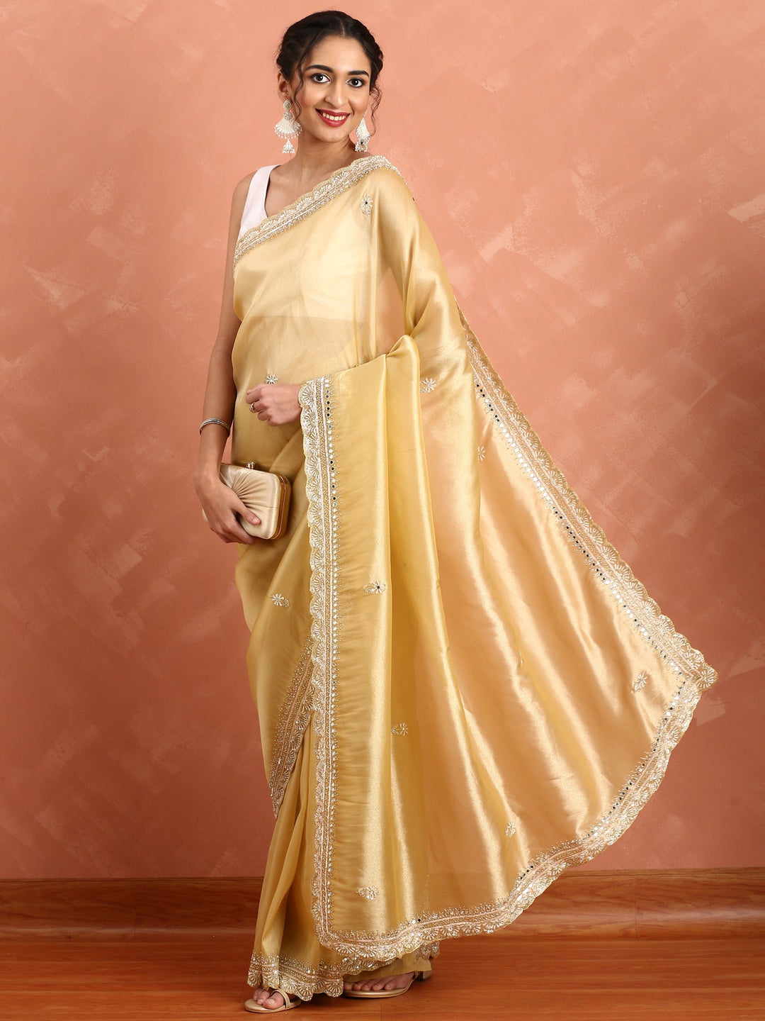Neerus Yellow tissue embellished saree with mirror work - side view