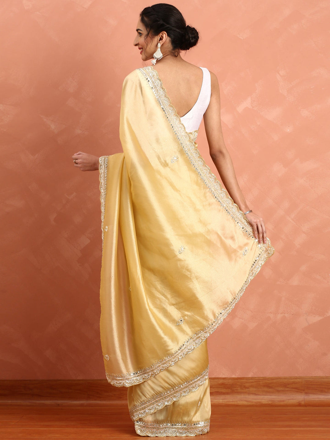 Neerus Yellow tissue embellished saree with mirror work - detail view 1