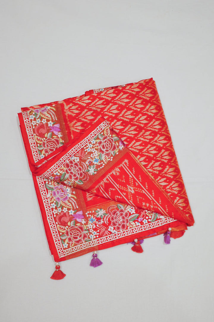 Neerus Pink silk embroidered ikat saree - side view