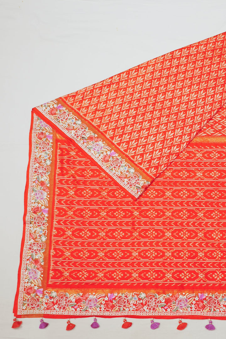 Rani Pink Ikat Silk Petite Point Embroidery Saree