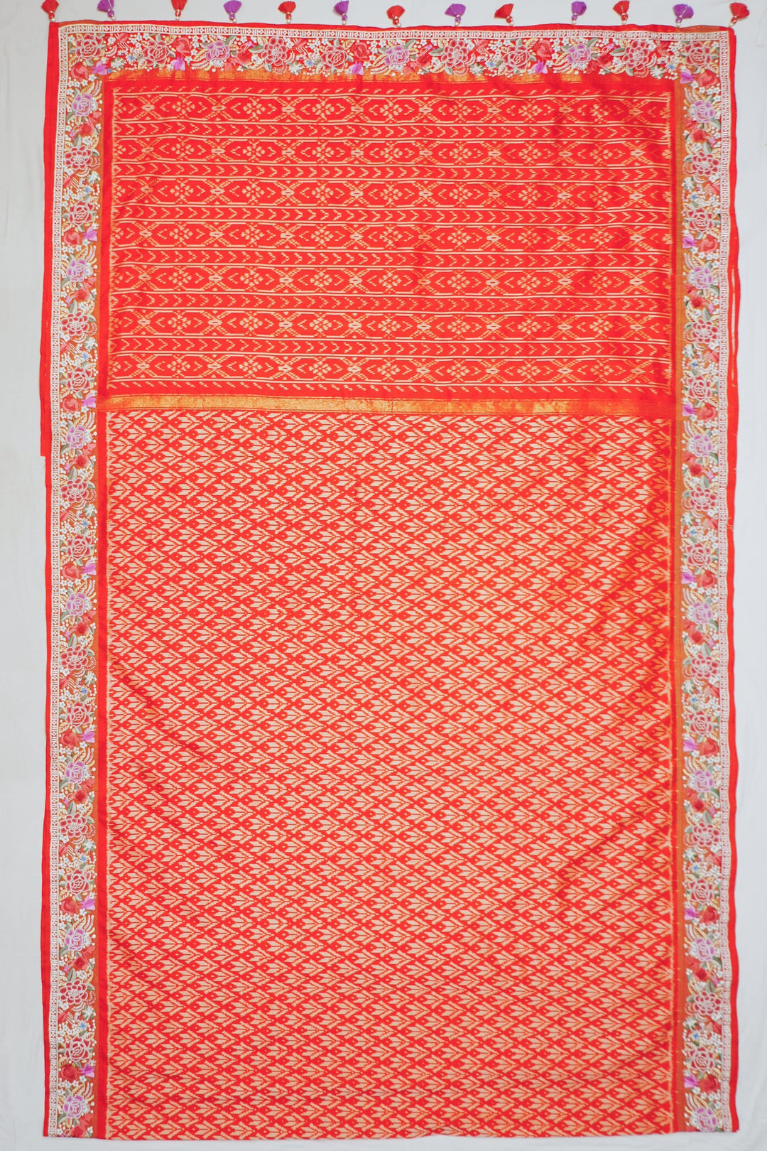 Neerus Pink silk embroidered ikat saree - front view
