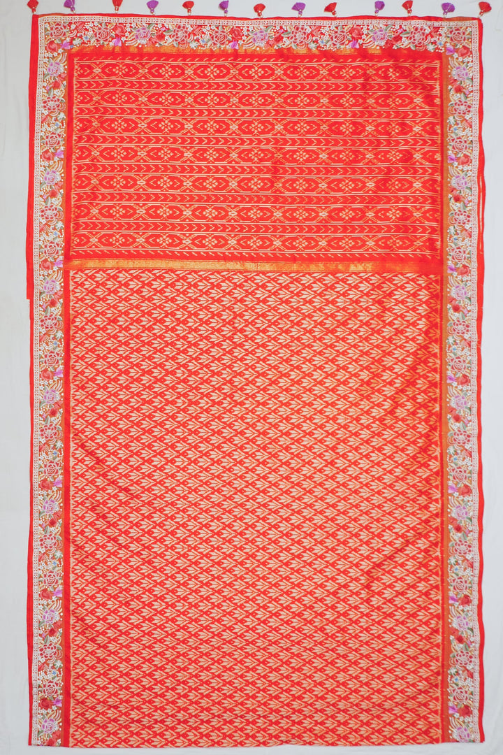 Neerus Pink silk embroidered ikat saree - front view