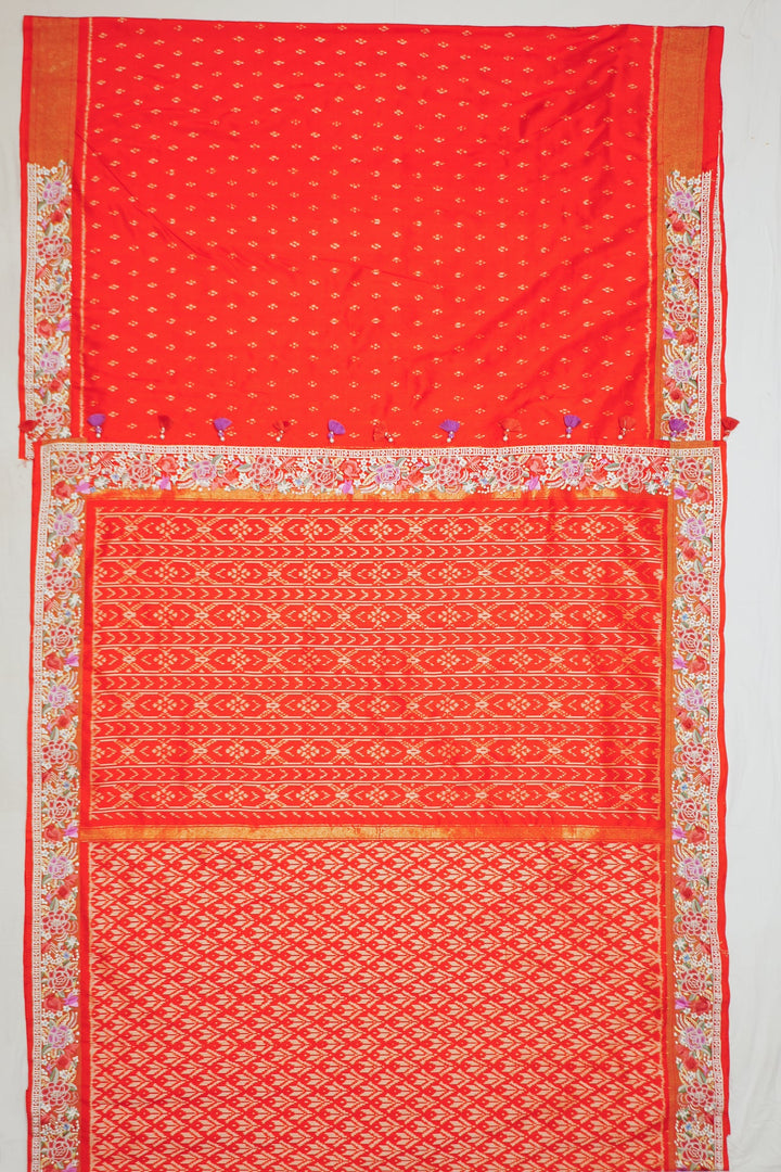 Neerus Pink silk embroidered ikat saree - detail view 1