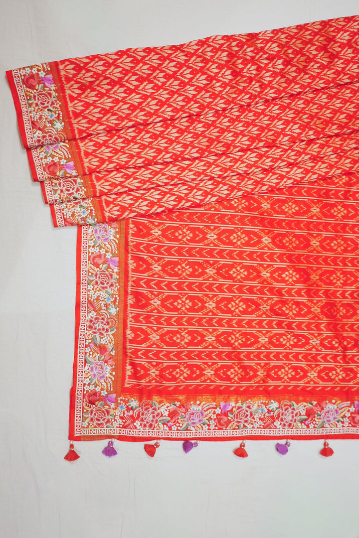 Rani Pink Ikat Silk Petite Point Embroidery Saree
