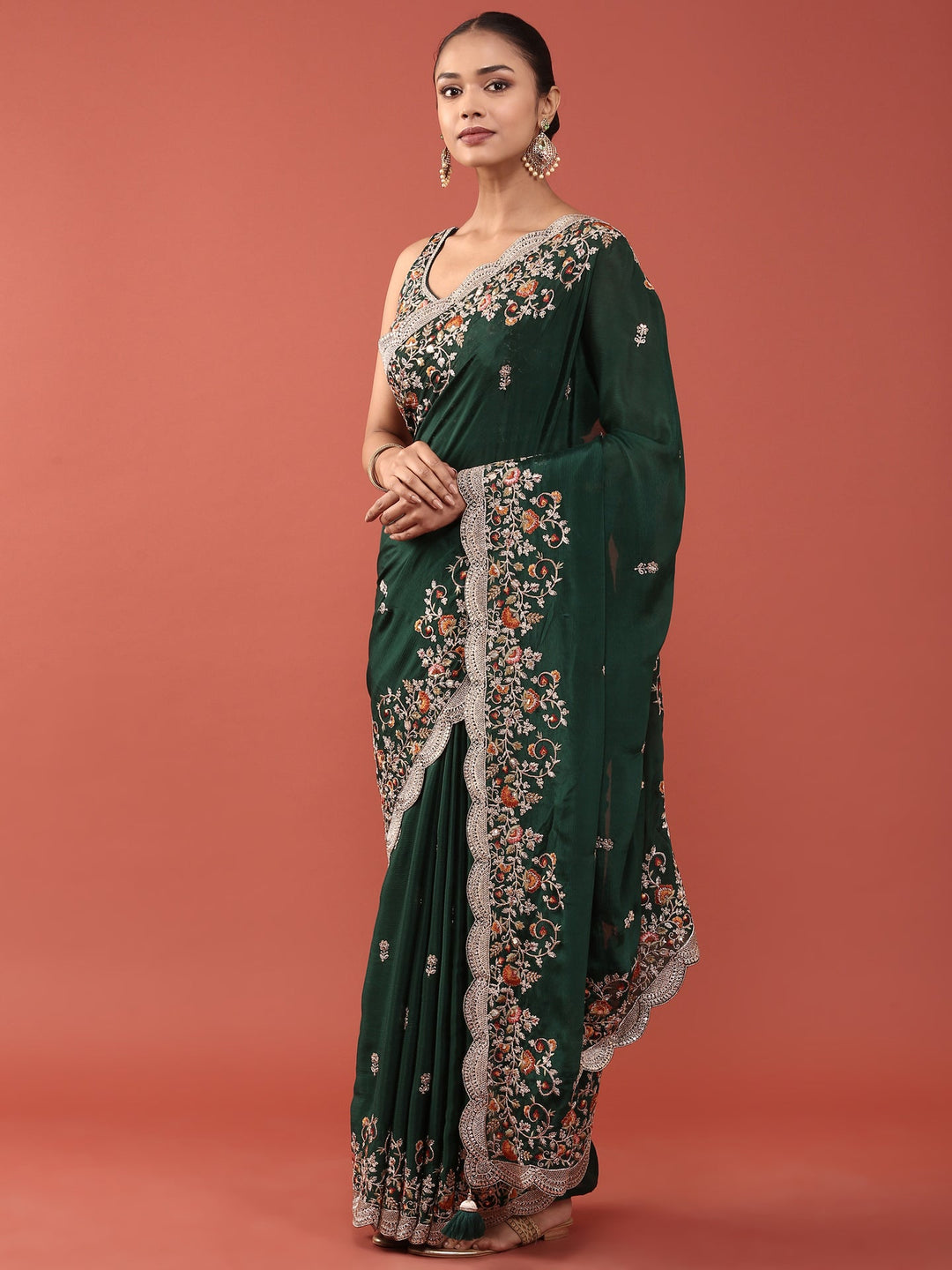 Neerus Green crepe embroidered saree with blouse - detail view 1