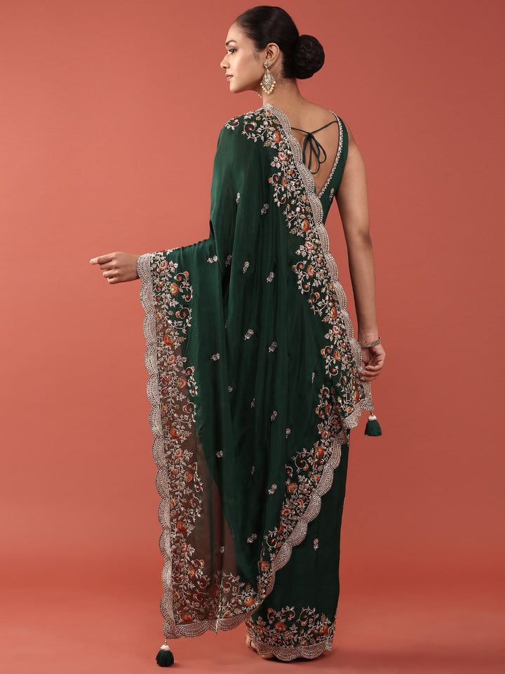 Neerus Green crepe embroidered saree with blouse - back view