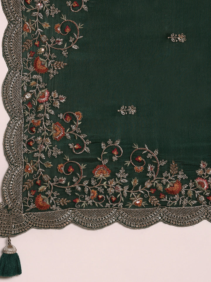 Bottle Green Crepe Embroidery Saree With Readymade Blouse
