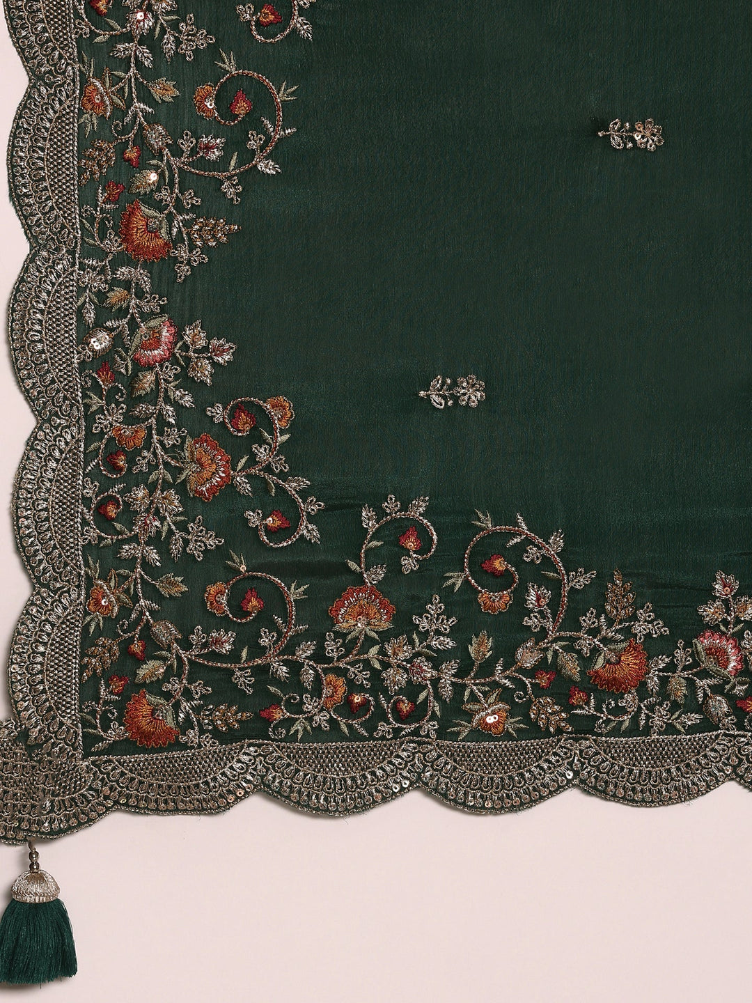 Neerus Green crepe embroidered saree with blouse - detail view 4