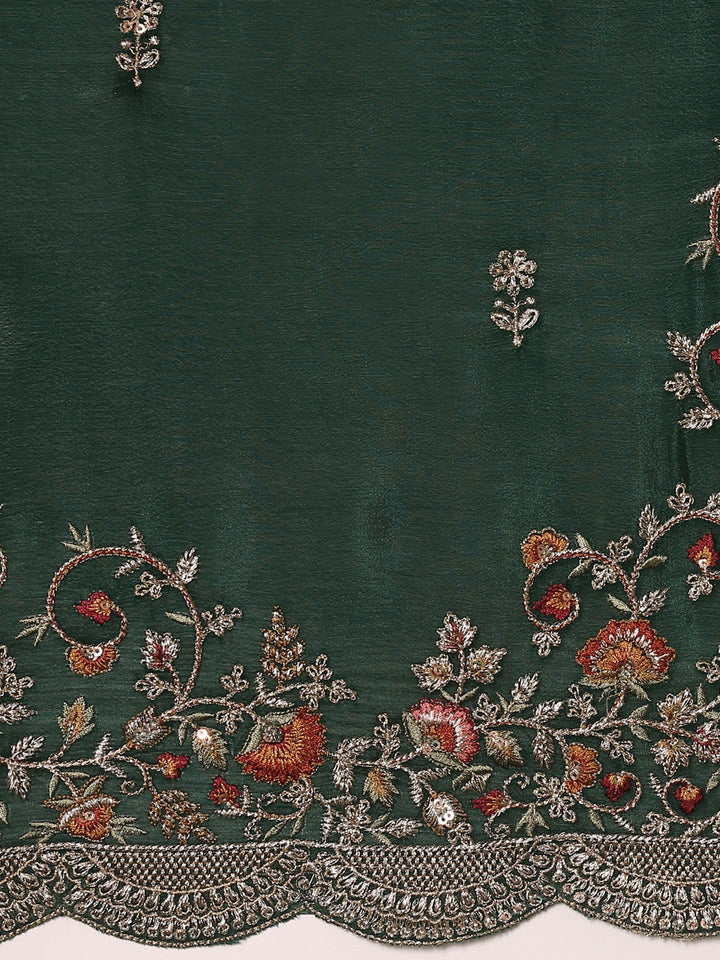 Bottle Green Crepe Embroidery Saree With Readymade Blouse