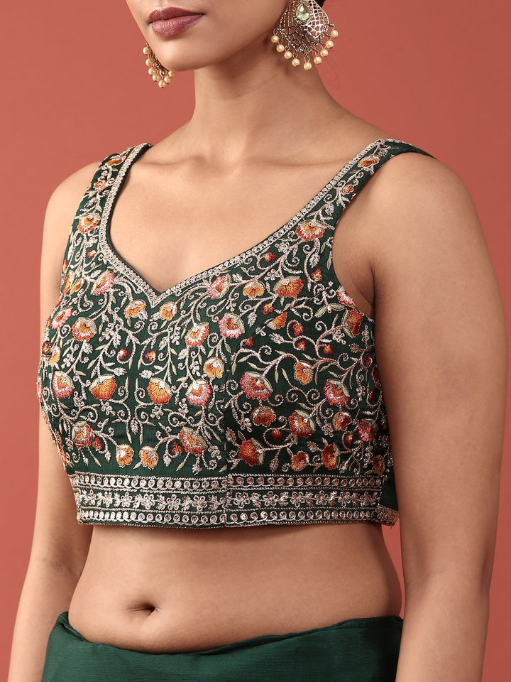 Bottle Green Crepe Embroidery Saree With Readymade Blouse