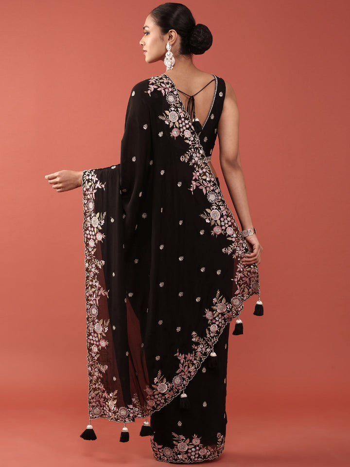 Neerus Black crepe embroidered saree with readymade blouse - back view