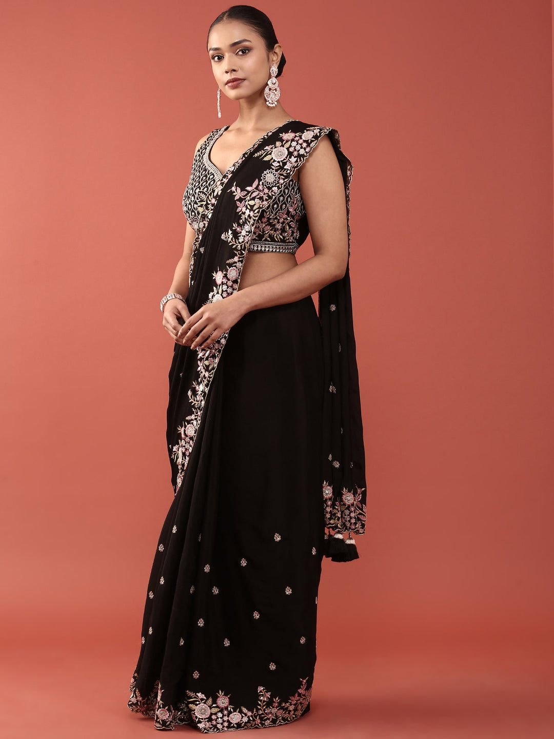 Neerus Black crepe embroidered saree with readymade blouse - detail view 1
