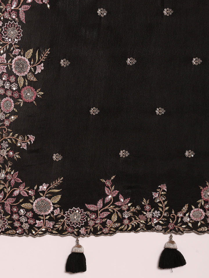 Black Crepe Embroidery Saree With Readymade Blouse