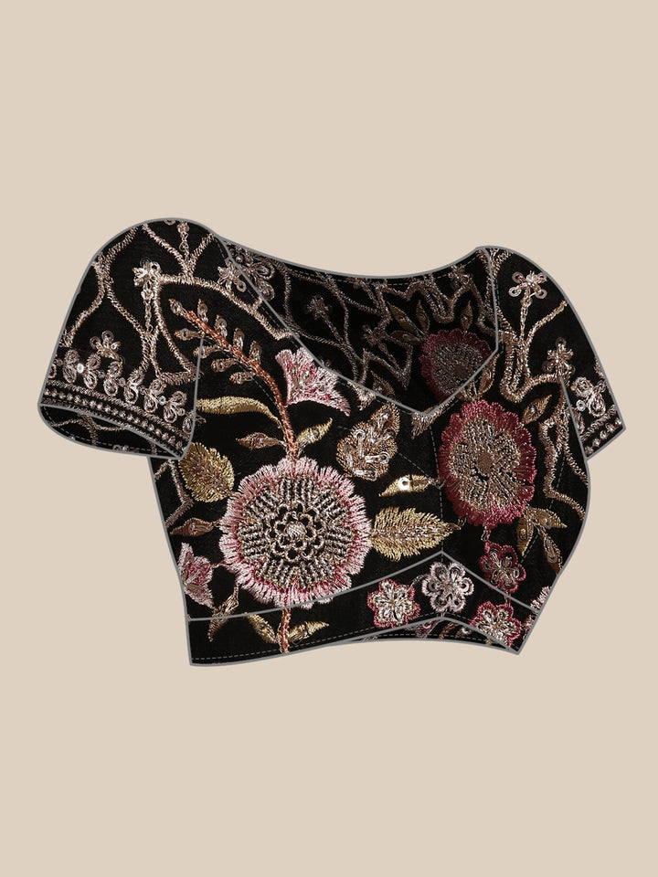 Neerus Black crepe embroidered saree with readymade blouse - detail view 5
