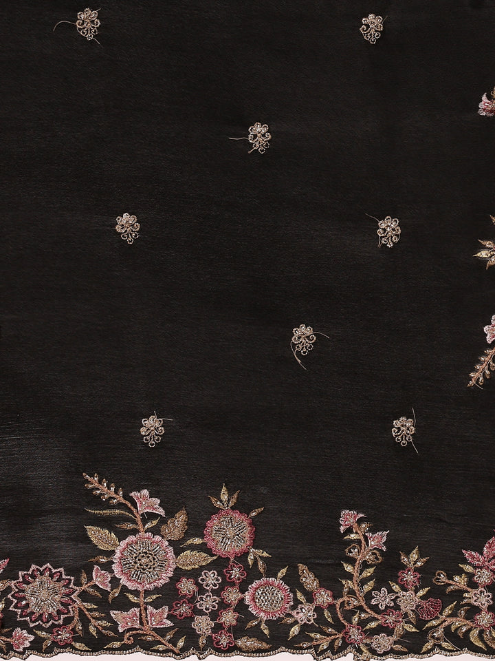 Black Crepe Embroidery Saree With Readymade Blouse