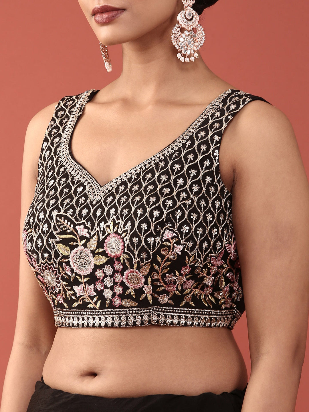 Neerus Black crepe embroidered saree with readymade blouse - detail view 2