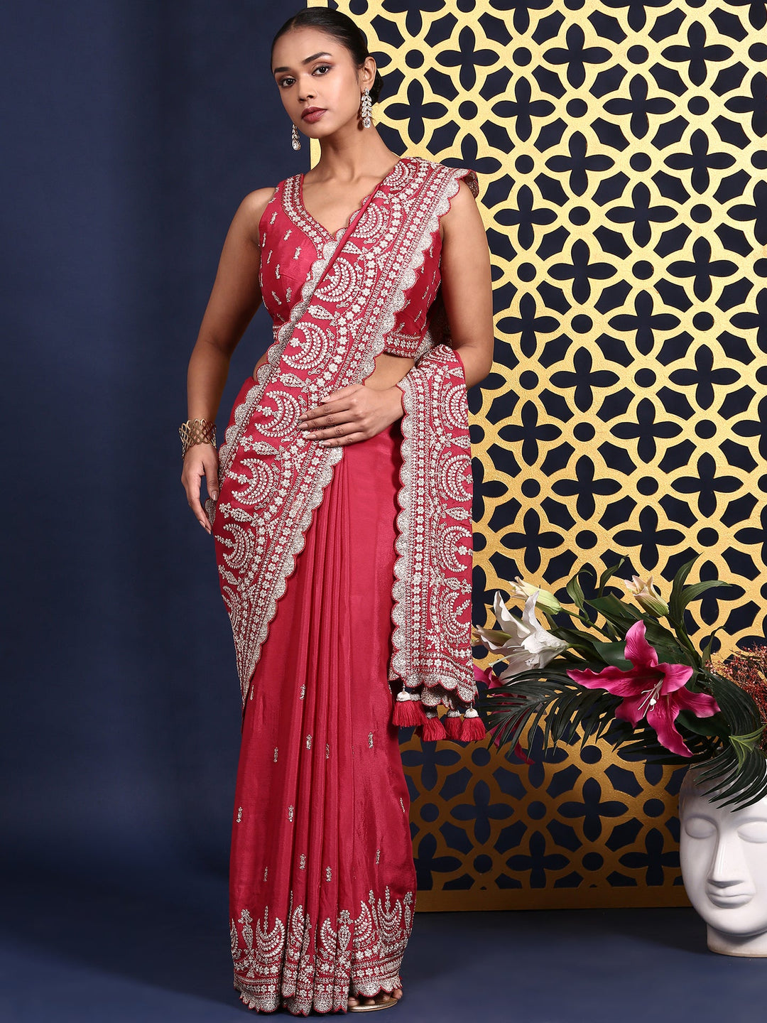 Neerus Pink crepe embroidered saree with readymade blouse - front view