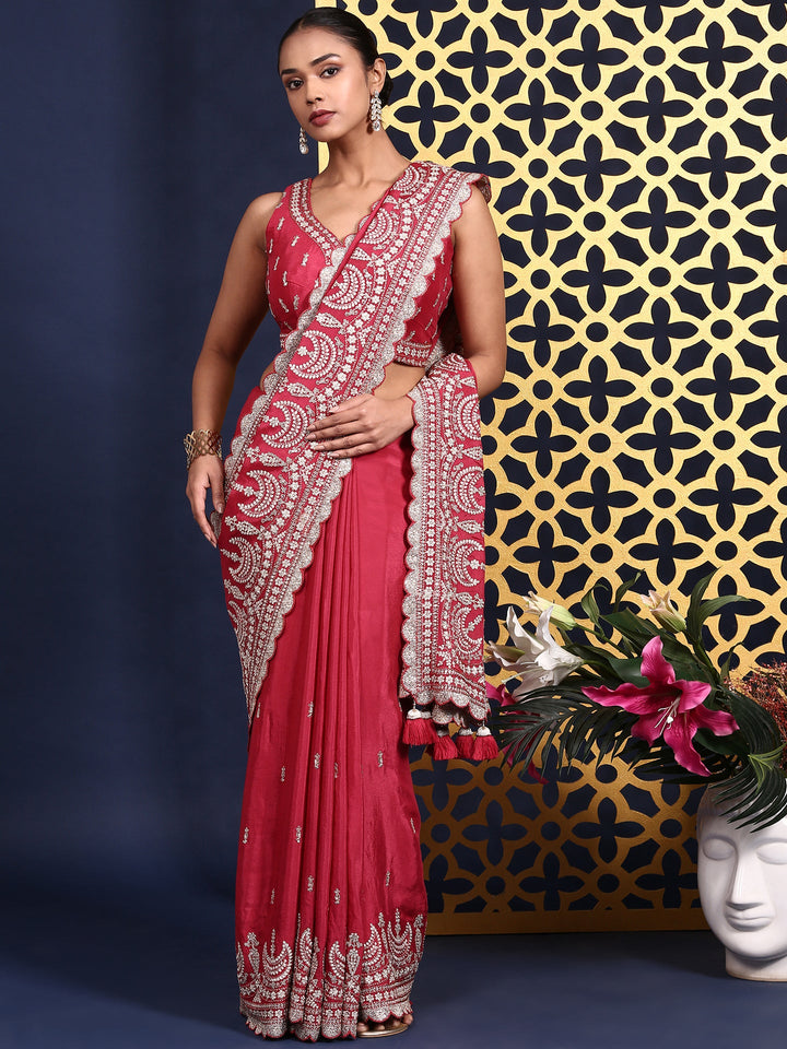 Neerus Pink crepe embroidered saree with readymade blouse - front view