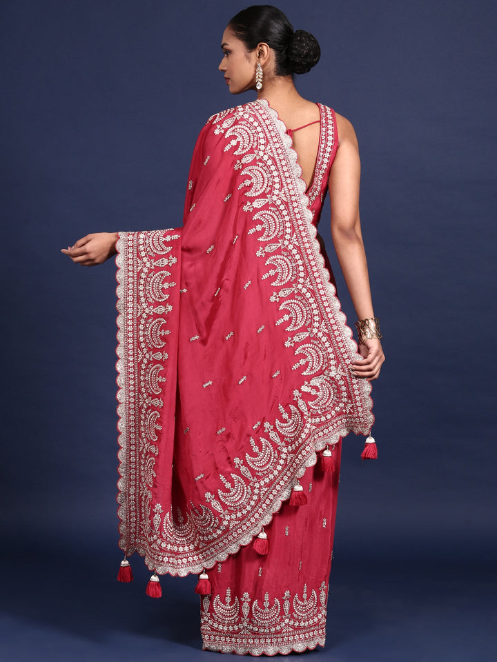 Neerus Pink crepe embroidered saree with readymade blouse - side view