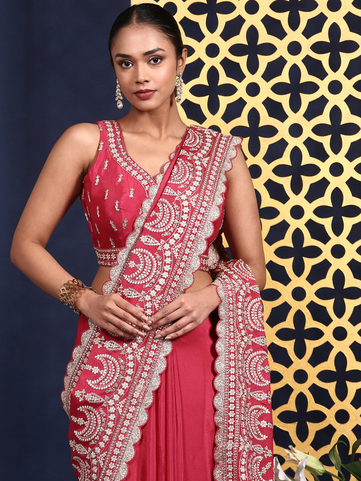Neerus Pink crepe embroidered saree with readymade blouse - back view