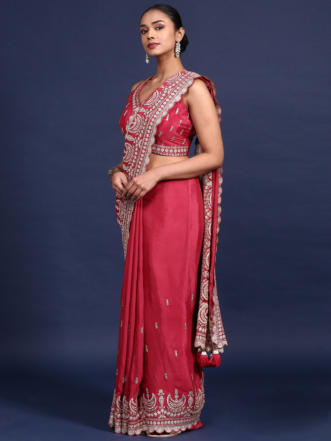 Neerus Pink crepe embroidered saree with readymade blouse - detail view 1
