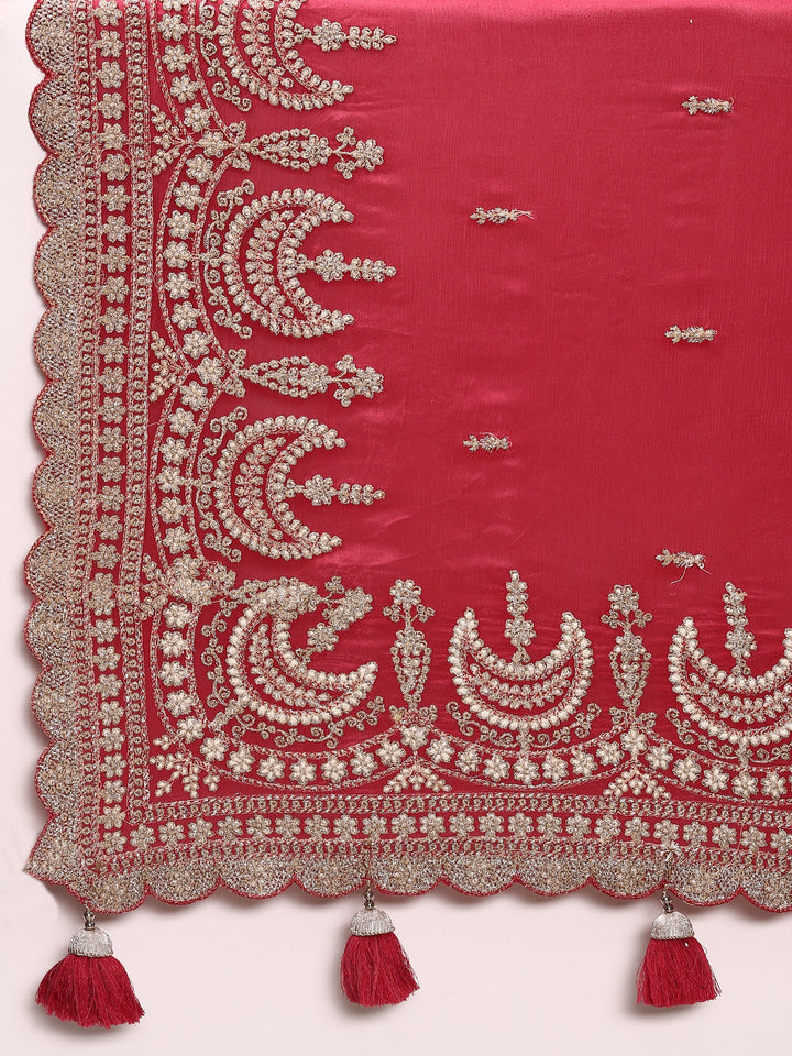 Pink Crepe Zari Embroidery Saree With Readymade Blouse