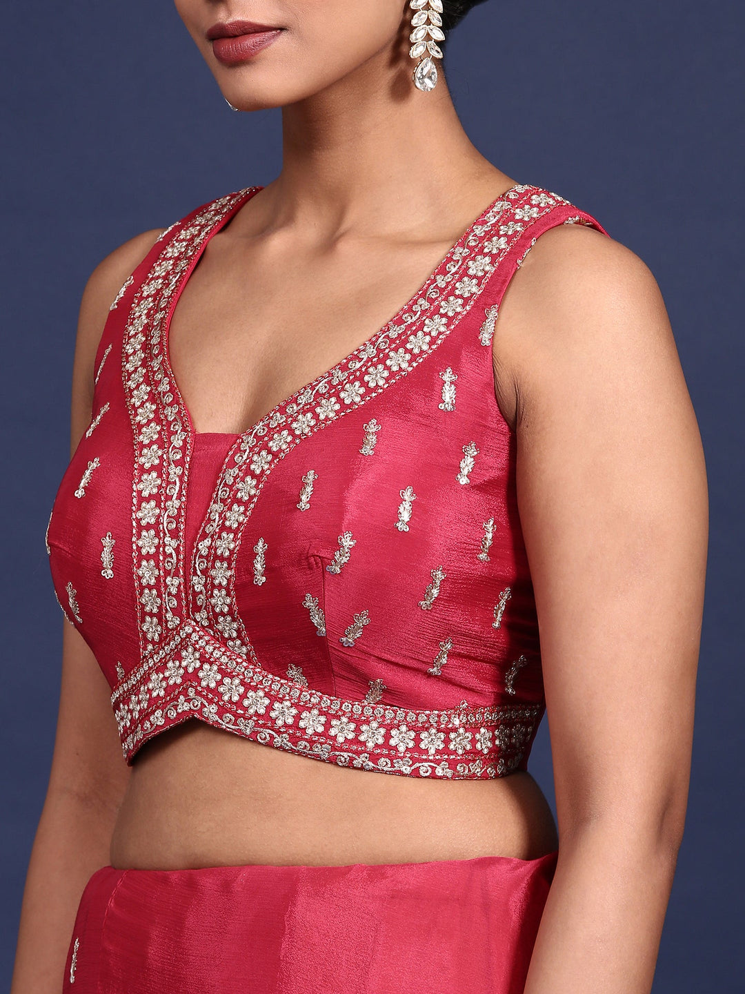 Neerus Pink crepe embroidered saree with readymade blouse - detail view 2