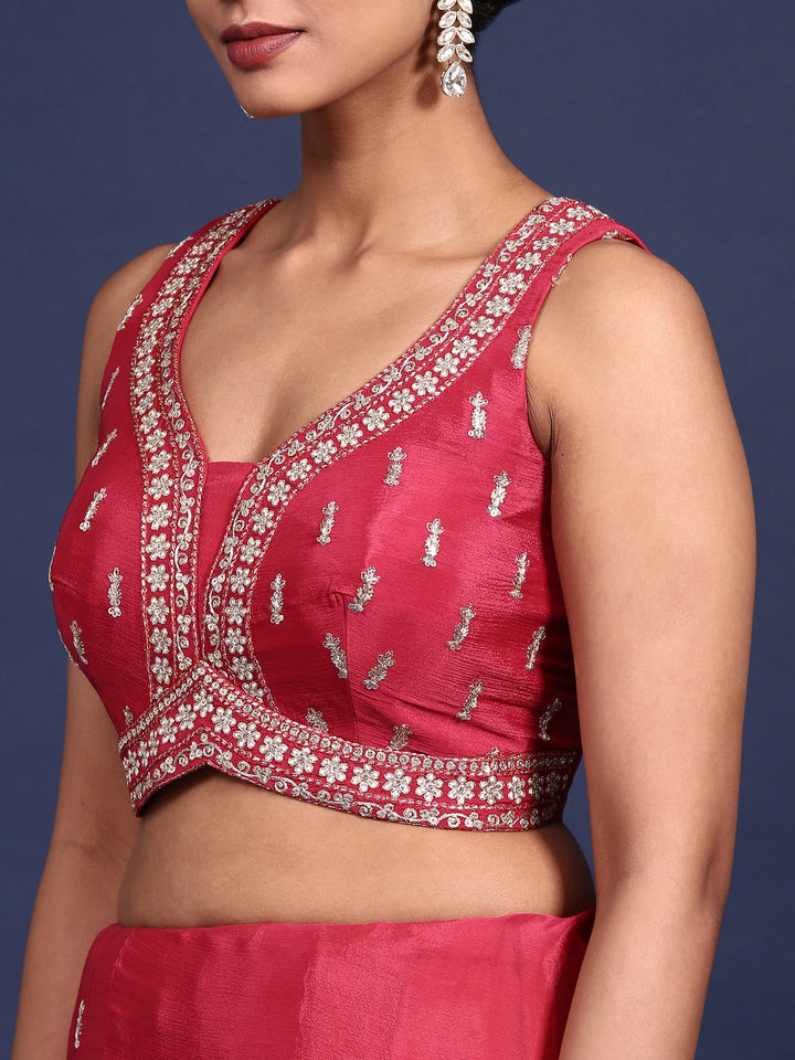 Neerus Pink crepe embroidered saree with readymade blouse - detail view 2