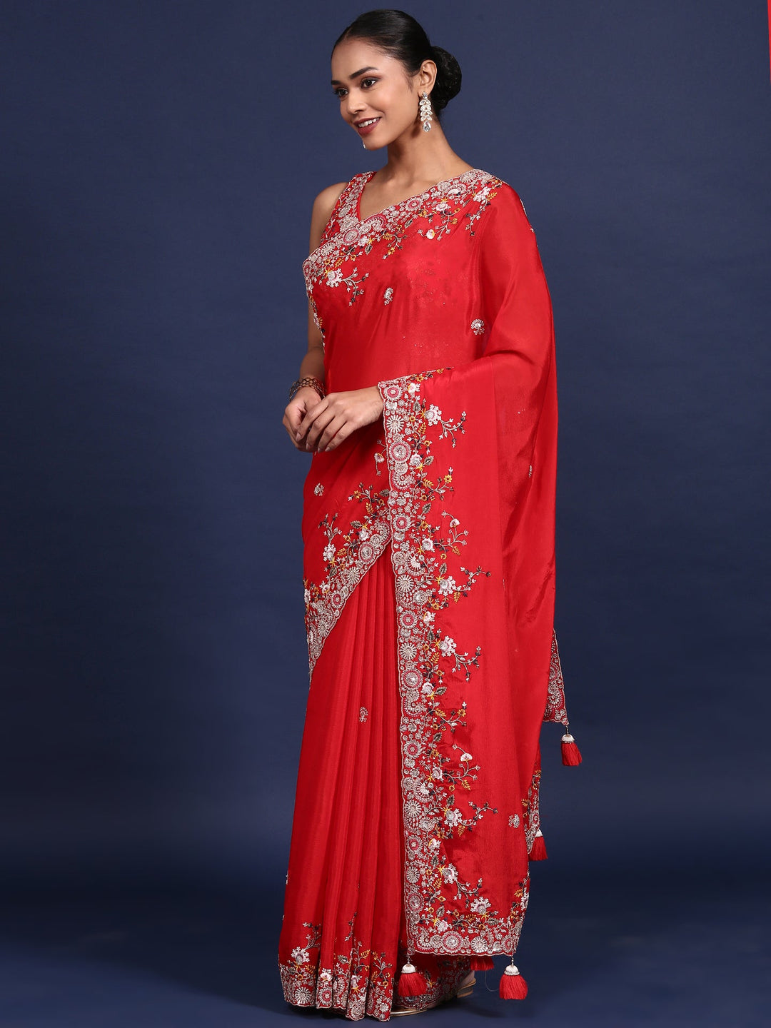 Neerus Red crepe embroidered saree with blouse - side view